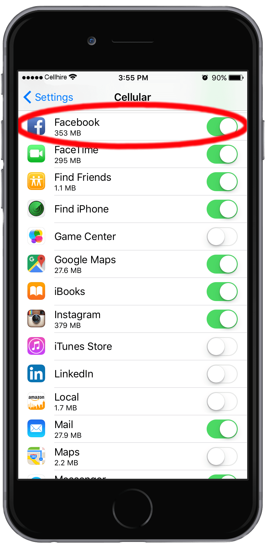 iPhone 'Cellular' settings screen with 'Facebook: 353 MB' circled.