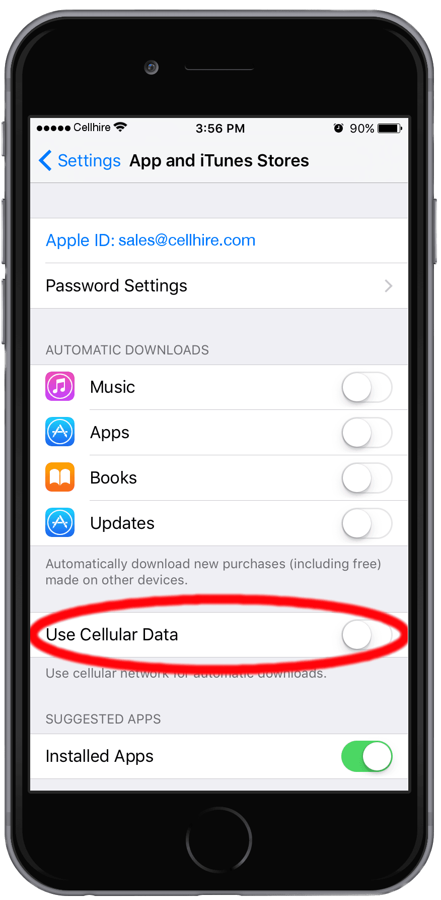 iPhone 'App and iTunes Stores' settings screen with 'Use Cellular Data' circled.