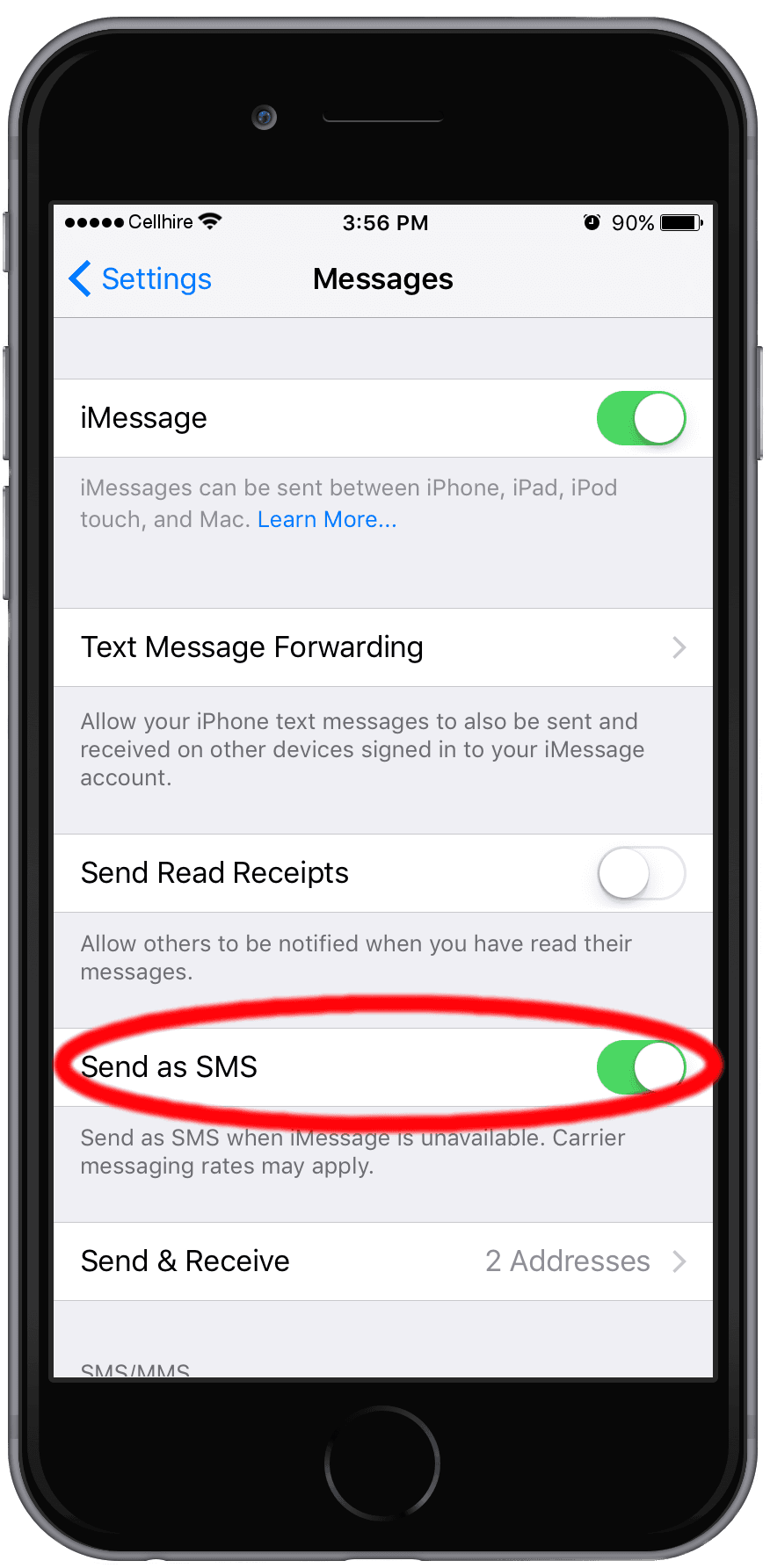 iPhone 'Messages' settings screen with 'Send as SMS' circled.