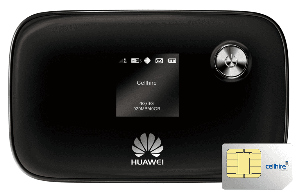 Huawei MiFi device with 'Cellhire' on screen.