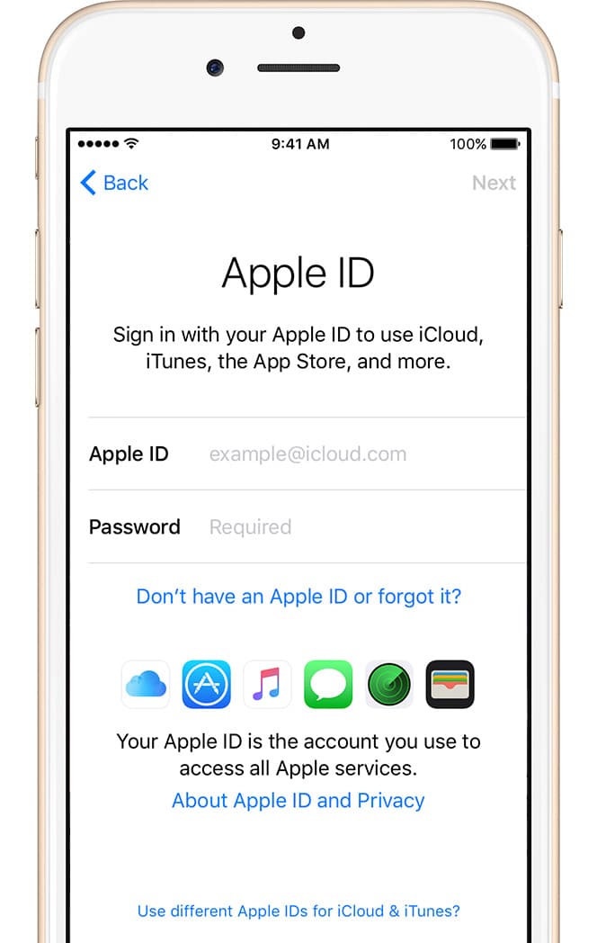 iPhone Apple ID setup.