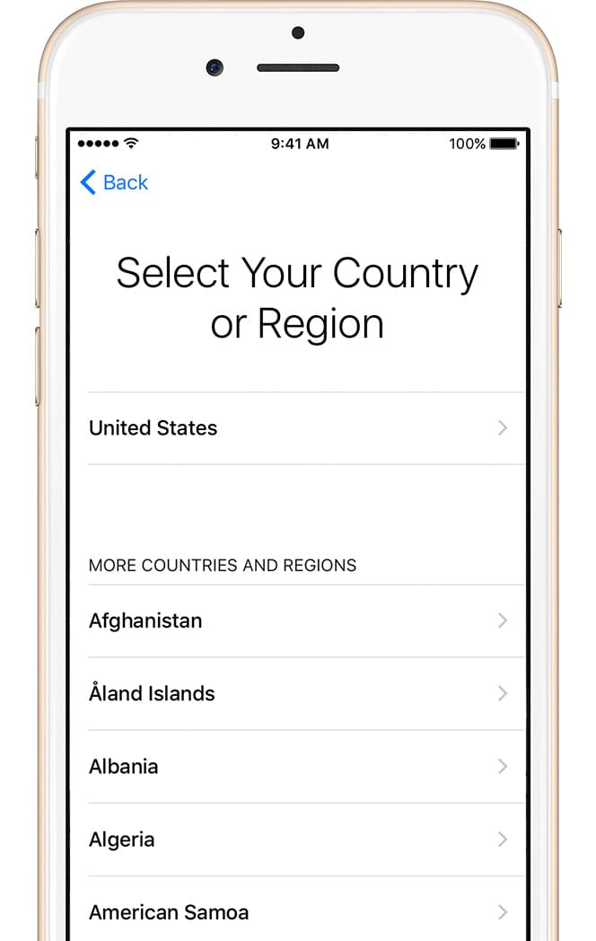 iPhone country/region selection screen.