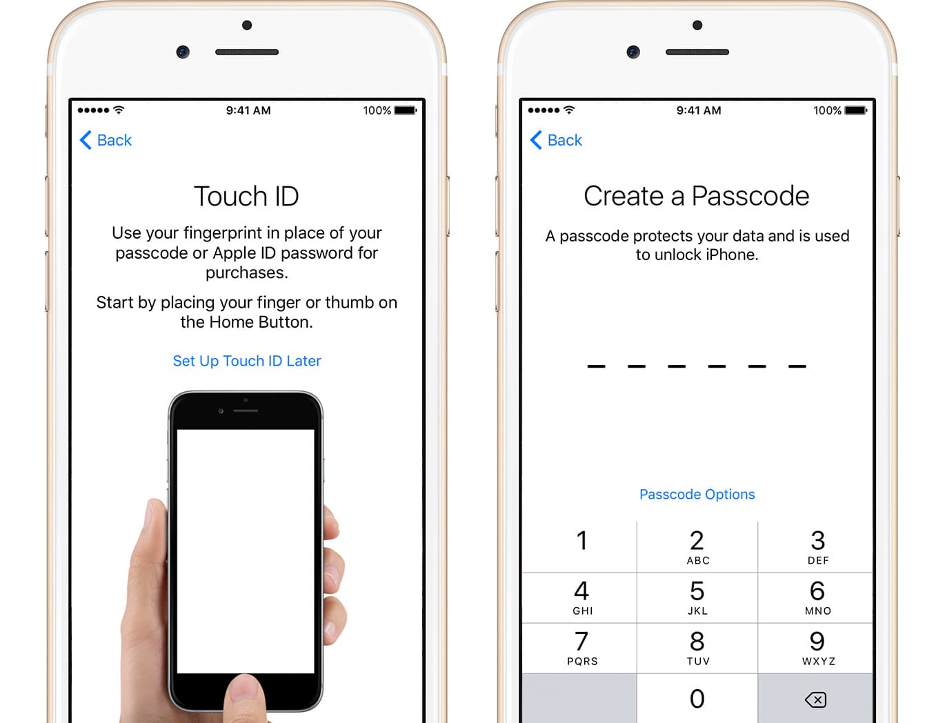 iPhone password creation screen and iPhone Touch ID setup screen.