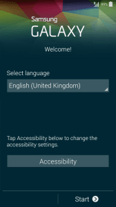 Samsung Galaxy 'Welcome' screen - selecting a language.