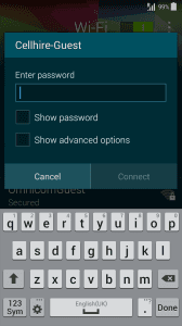 Galaxy WiFi settings, entering password