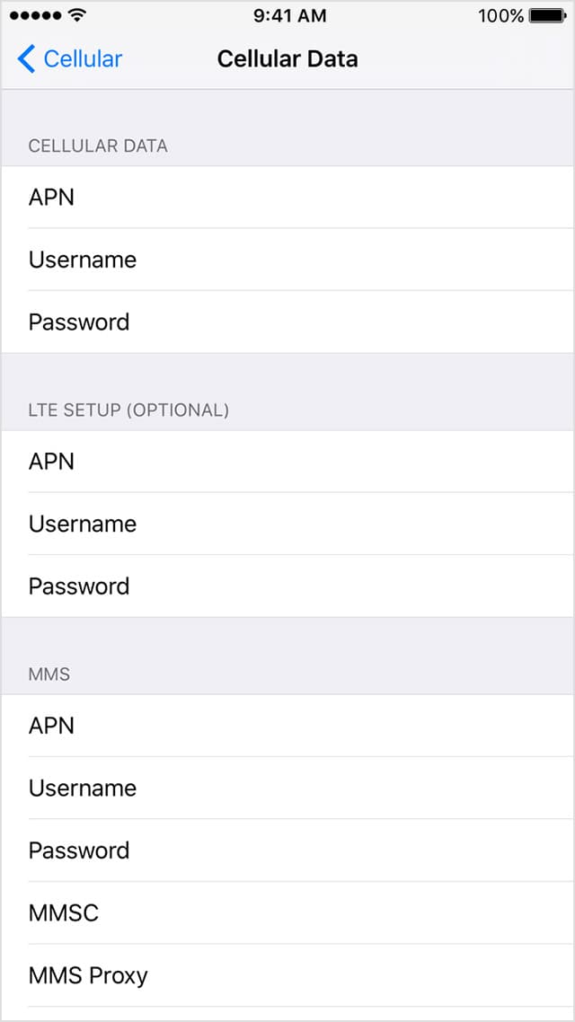 iOS 9 Cellular Data settings screen