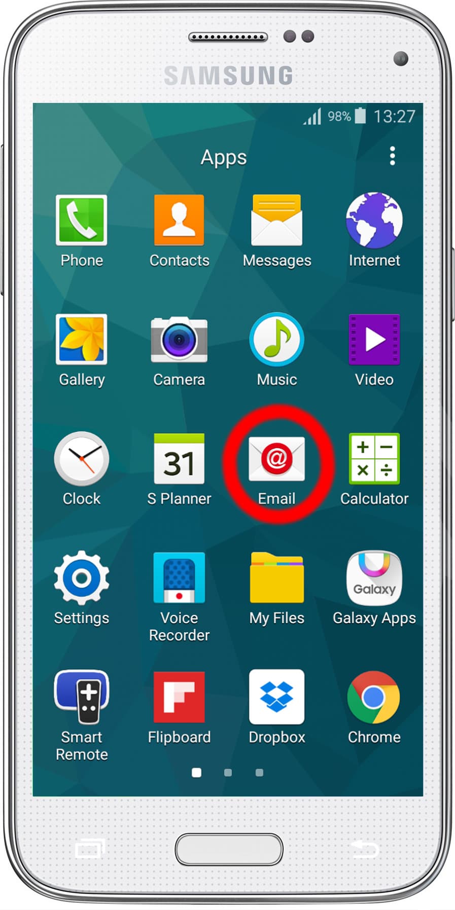 Android home screen with 'Email' circled.