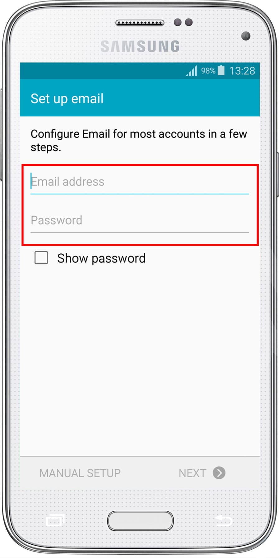 Android email setup, entering email address and password.