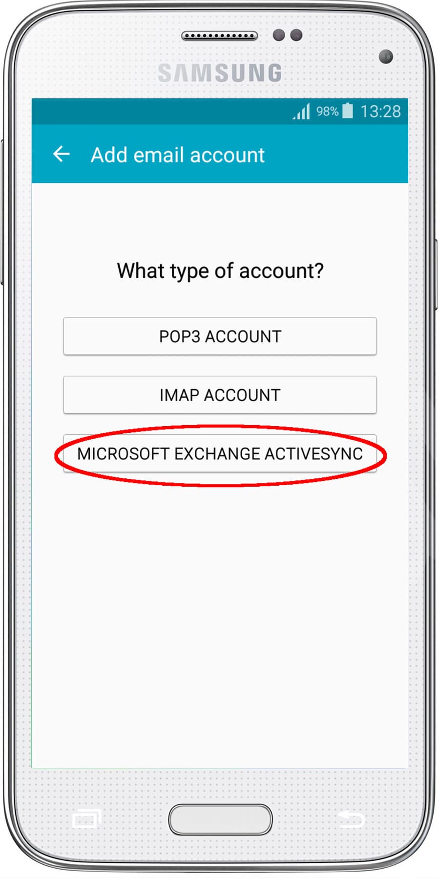 Android email setup, choosing email account type with 'Microsoft Exchange Activesync' circled.