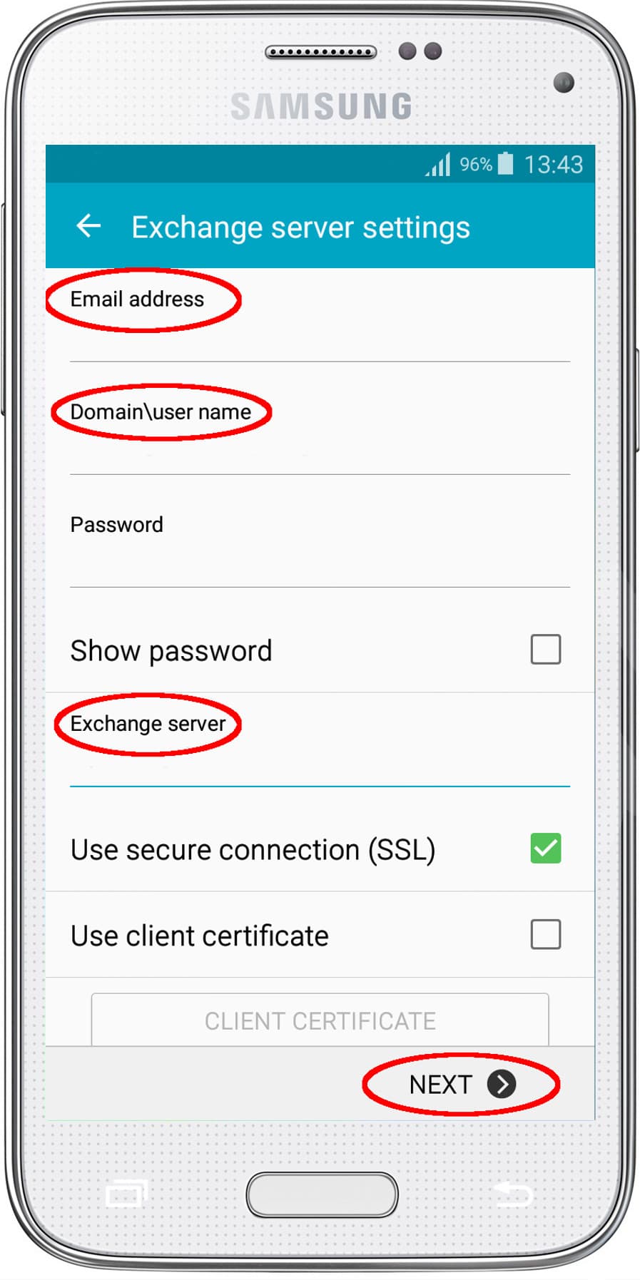 Android email setup, Exchange Server Settings page.