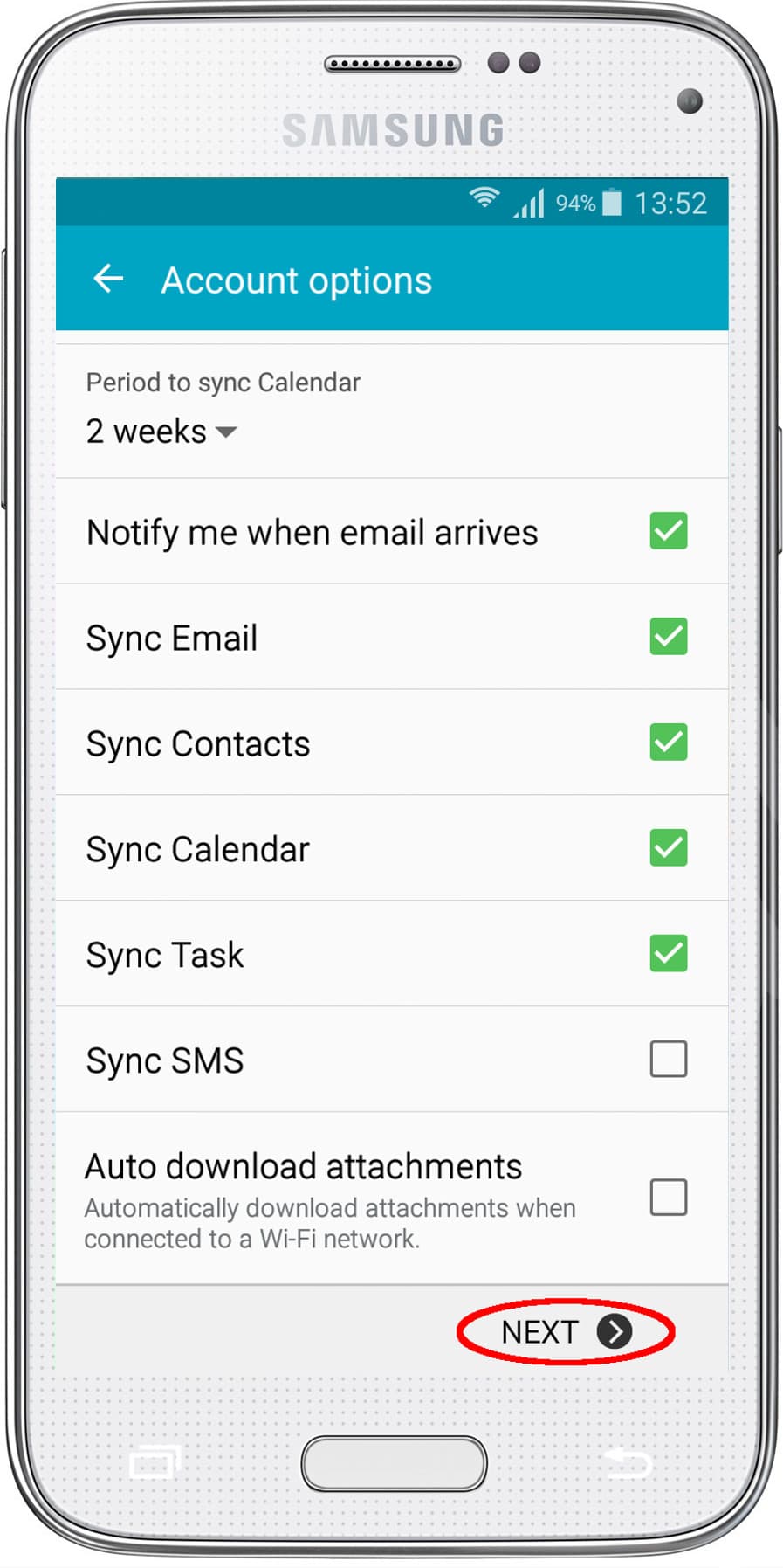 Android account options, continued, with 'Next' circled.