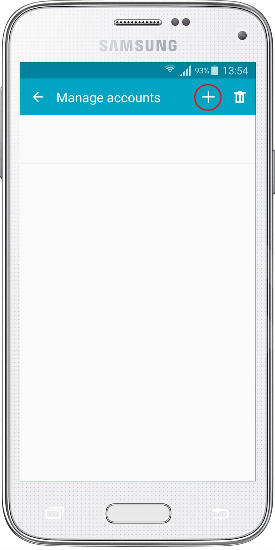Android email setup, offering a Google account, with 'plus' button circled.