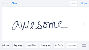 The word 'awesome' handwritten digitally on an iMessage screen.
