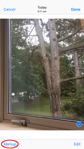 An iOS image with 'Markup' option circled.