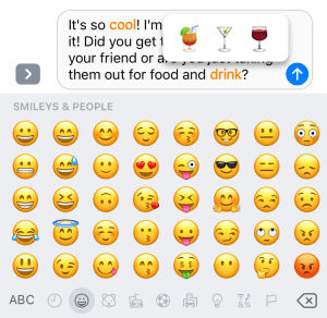 iMessage screen with a mesage ready to send; emoji suggestions appear next to a highlighted word.