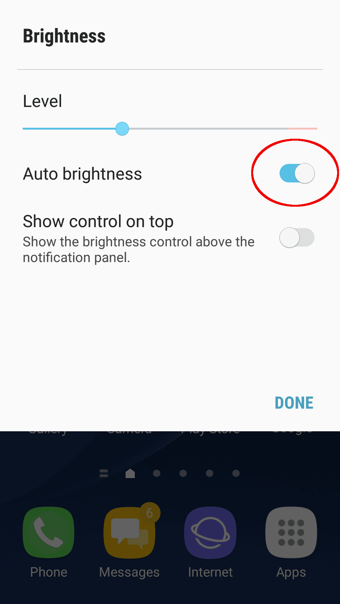 'Brightness' settings screen with 'Auto brightness' circled.'