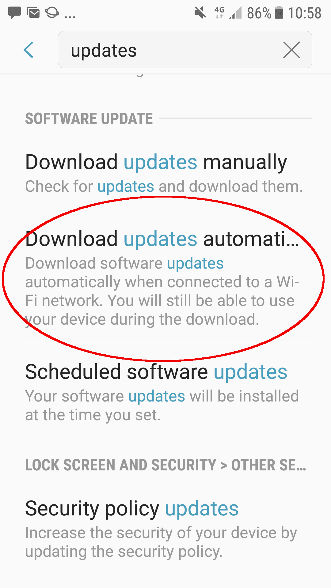 'Software update' settings screen with 'Download updates automatically' circled.