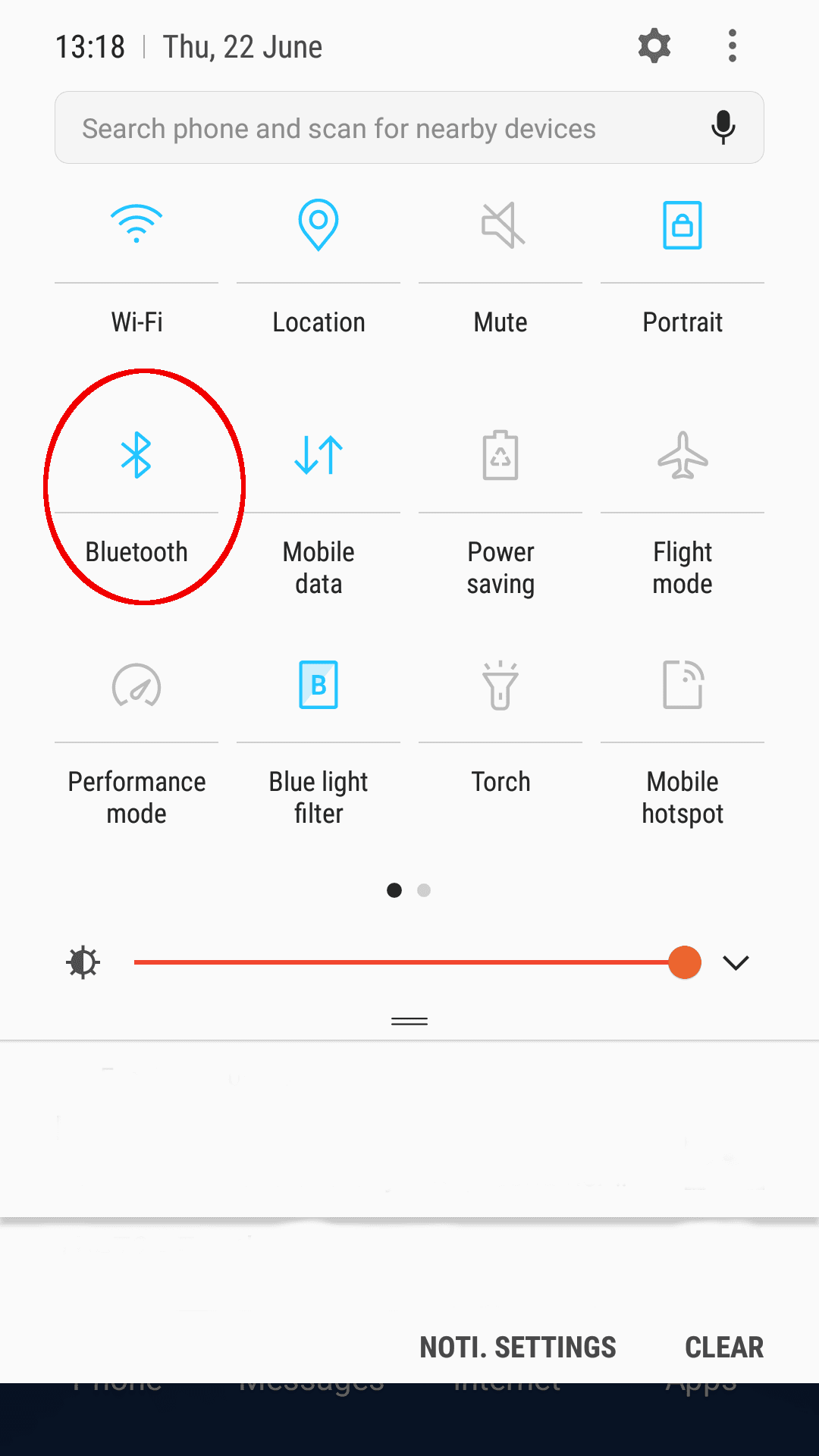 Phone settings screen with 'Bluetooth' circled.