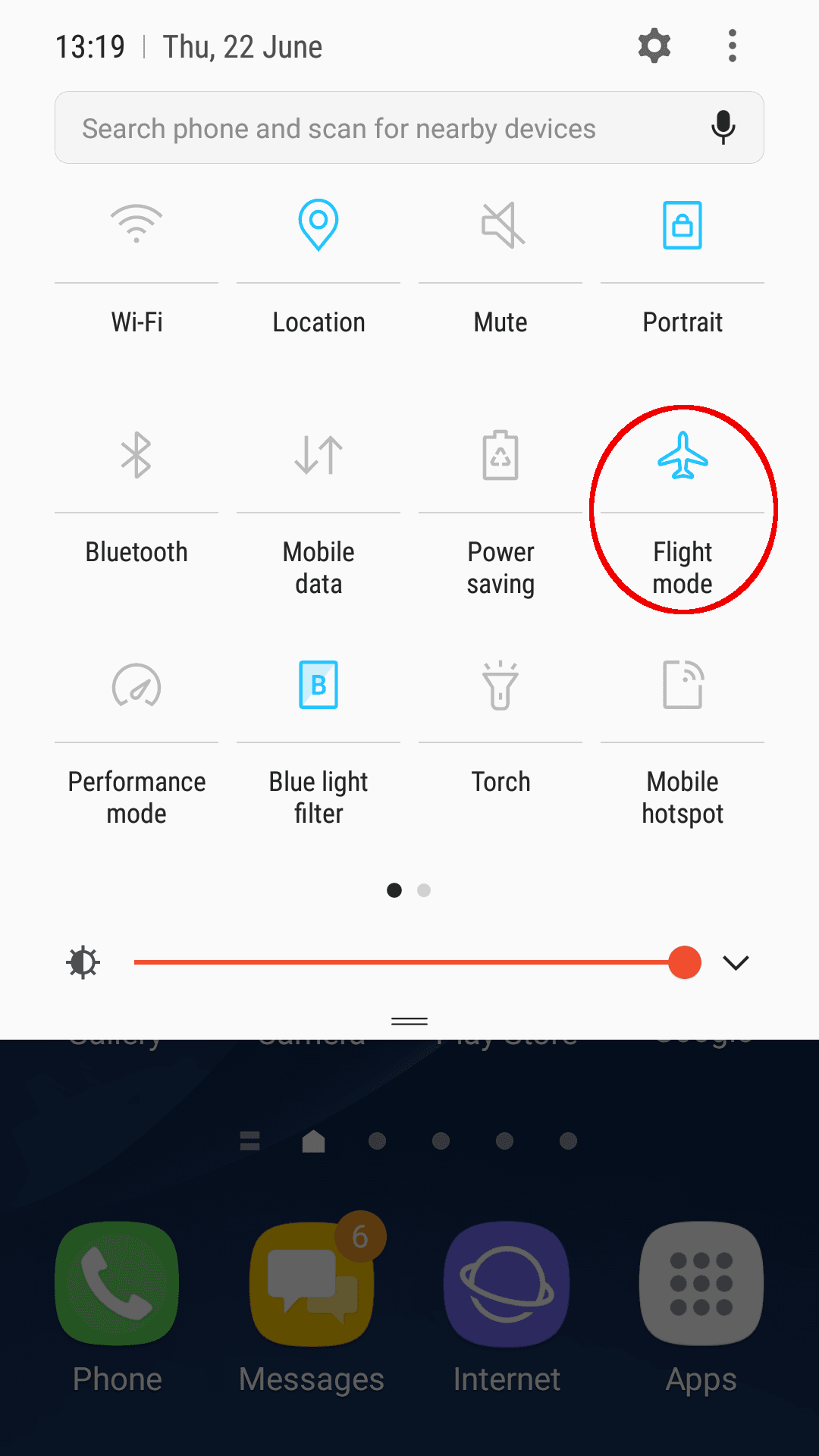 Phone settings screen with 'Flight mode' circled.'