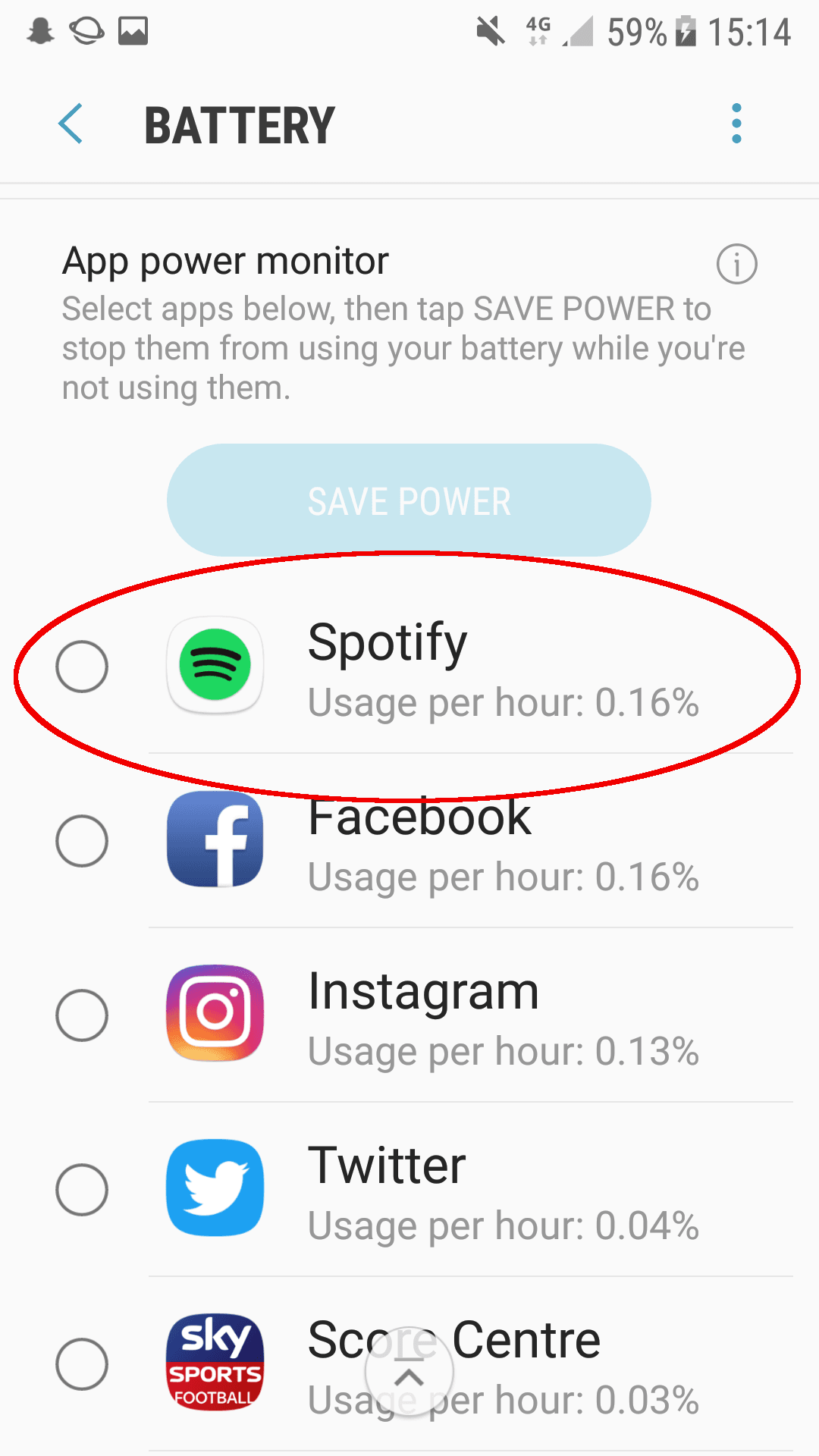 'Battery' settings screen with 'Spotify' circled.