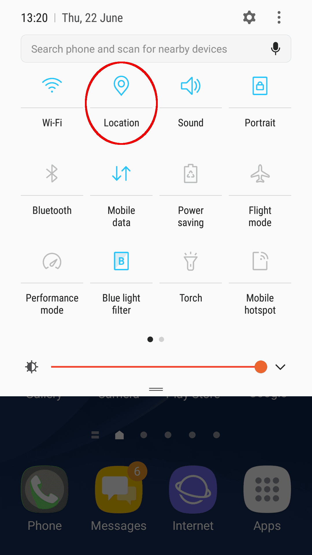 Phone settings screen with 'Location' circled.