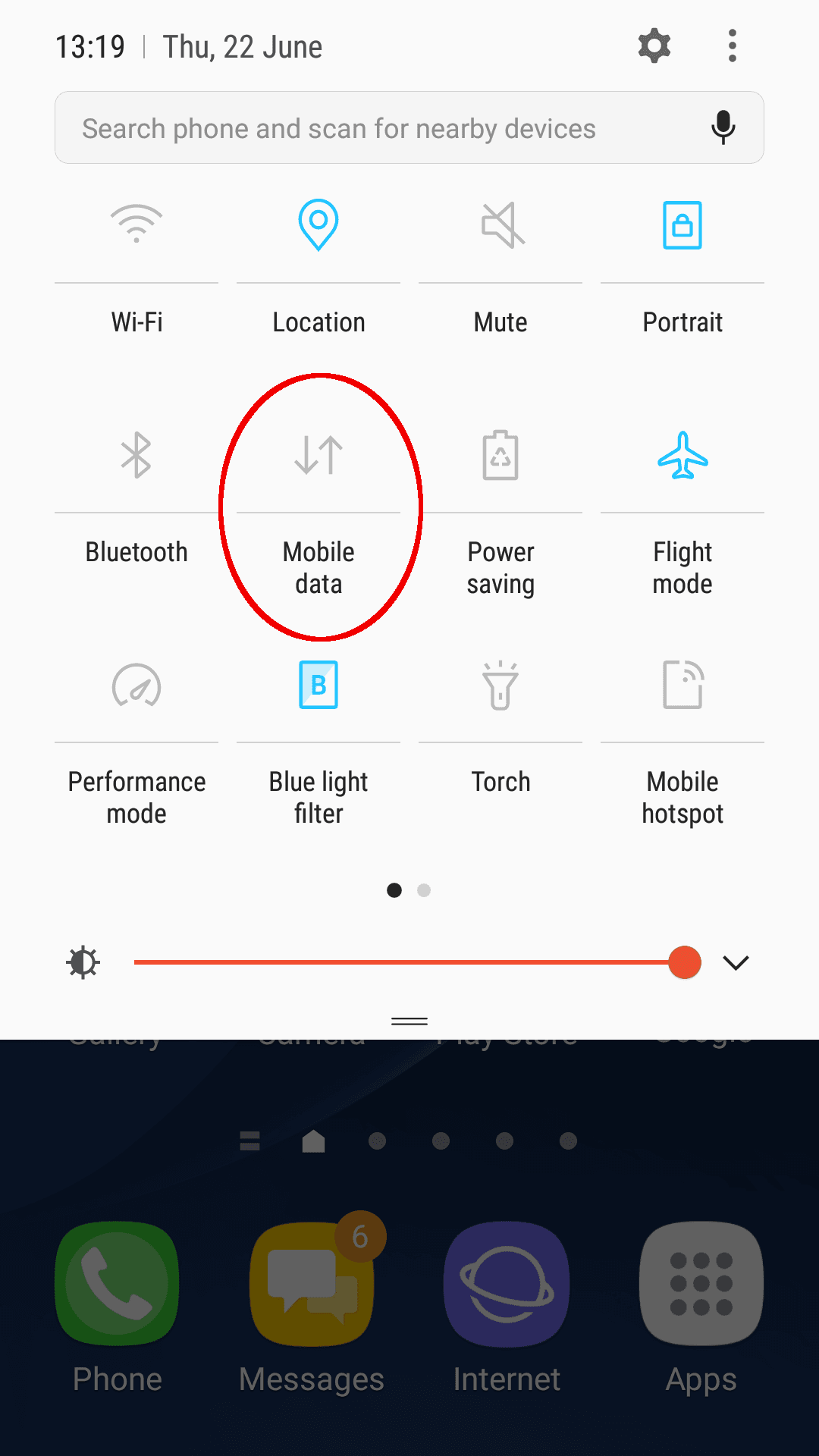 Phone settings screen with 'Mobile data' circled.'