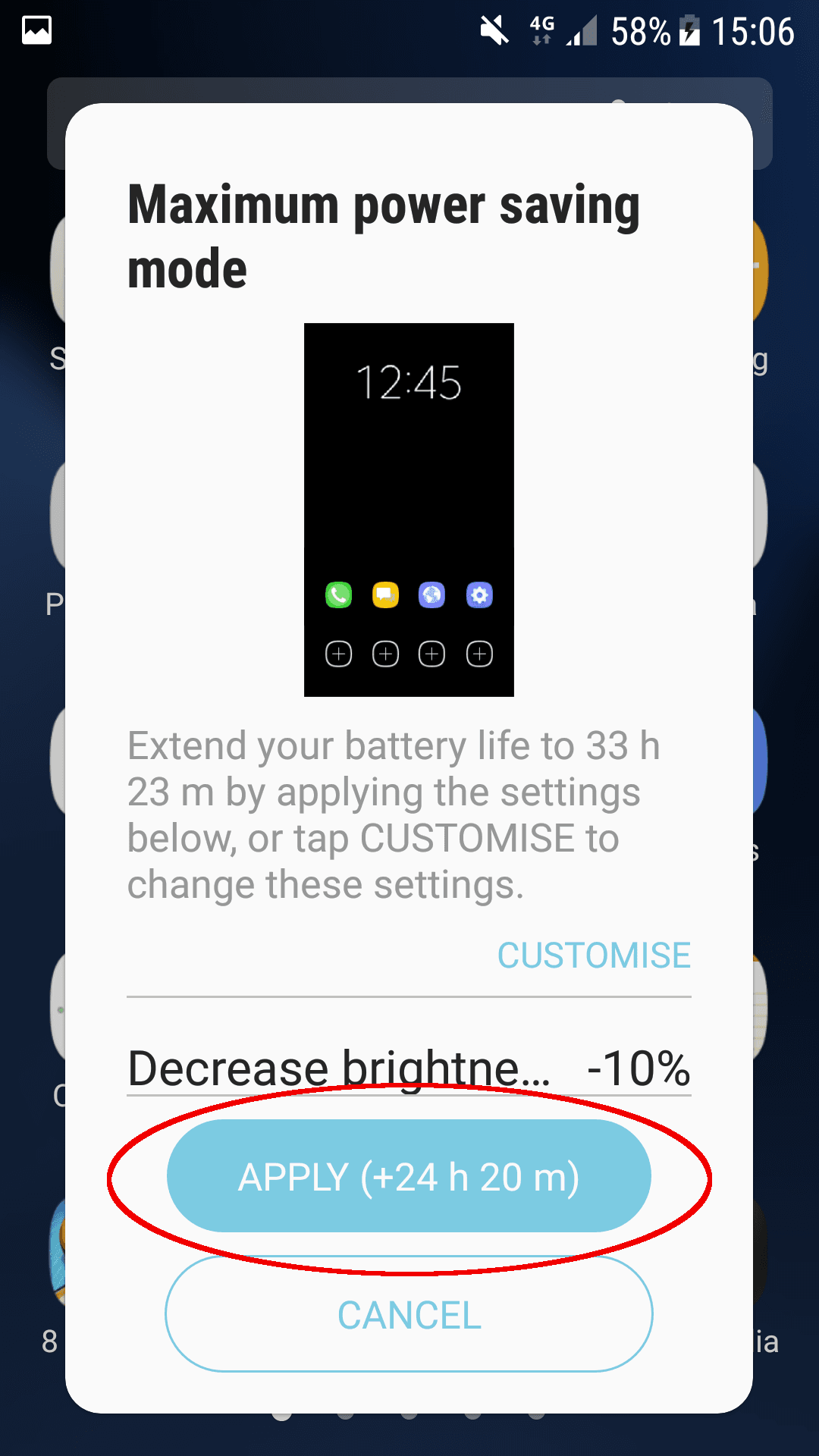 'Maximum power saving mode' settings screen, with 'Apply' circled.