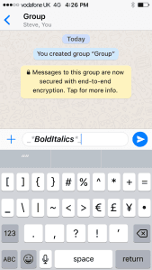 WhatsApp message using underscore and asterisk for bold and italics.