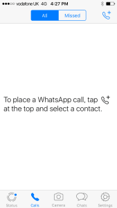 WhatsApp screen saying, 'To place a WhatsApp call, tap (phone-plus icon) at the top and select a contact.
