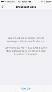 WhatsApp screen says: 'You should use broadcast lists to message multiple people at once.