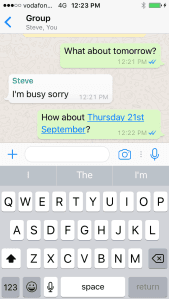 A WhatsApp conversation with a date highlighted.
