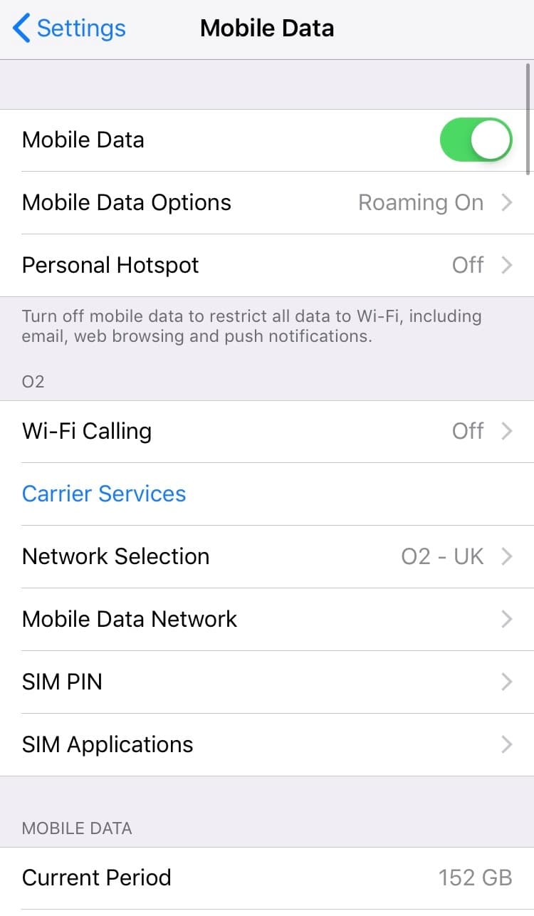 iOS Mobile Data settings screen.