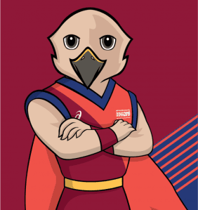 Falah, a cartoon falcon mascot with his arms folded, wearing maroon, orange, and blue.