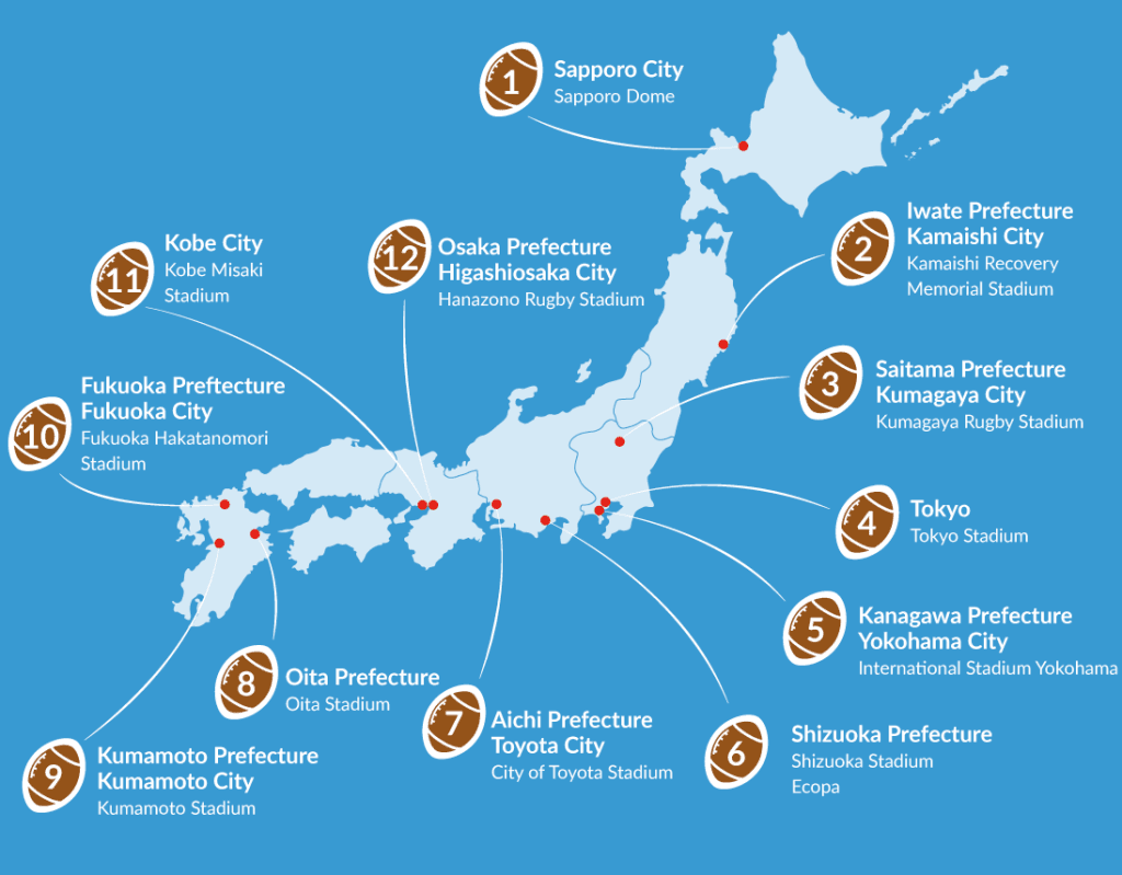 An infographic of the 12 stadia hosting the Rugby World Cup 2019 in Japan.