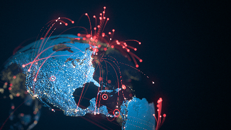 Globe connected by abstract lines.