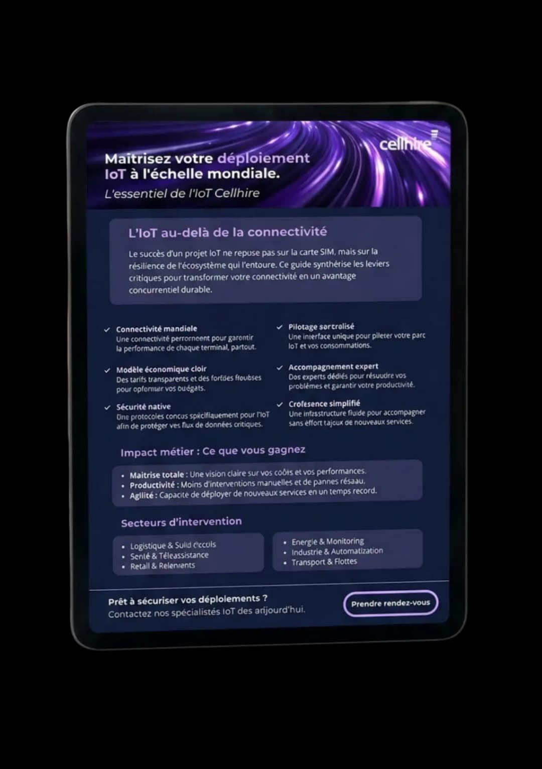 iPad affichant le guide IoT Boundless Connection de Cellhire