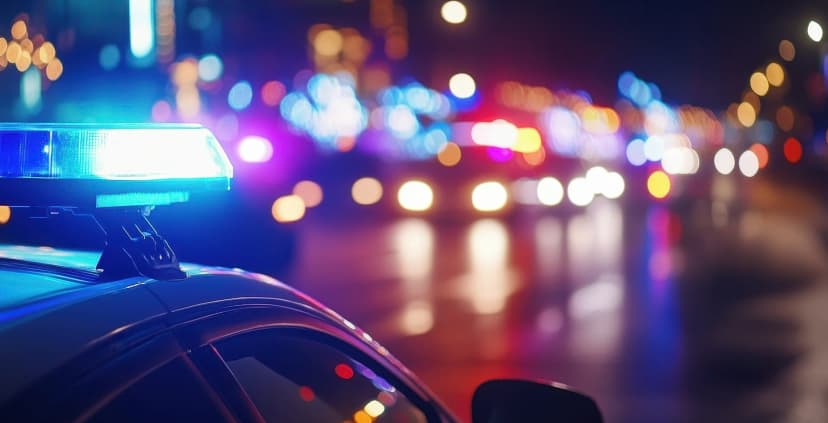 Police vehicle with flashing lights at night