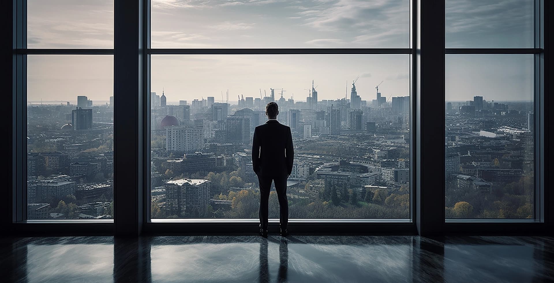Un homme d'affaires regarde la ville à travers une fenêtre allant du sol au plafond.