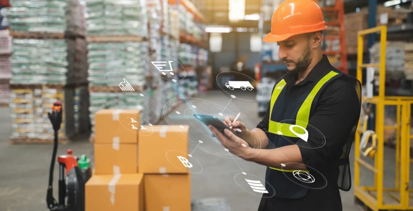 Worker using device in warehouse
