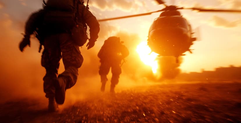 Silhouette of soldiers and a helicopter in front of a sunset.