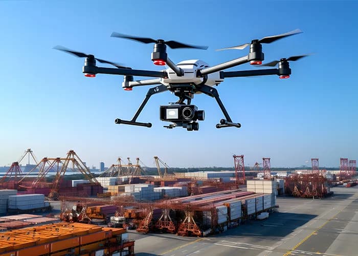 Un drone dans un port à conteneurs