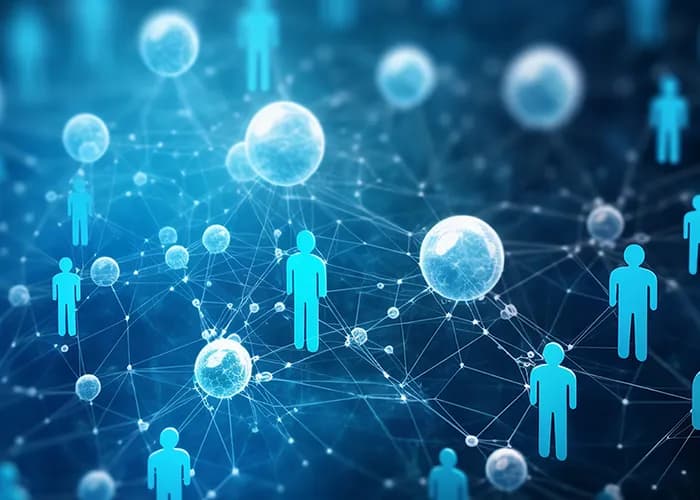 Des personnes et des sphères abstraites interconnectées.