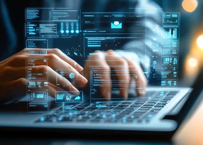 Personne tapant sur un clavier avec des statistiques abstraites superposées.
