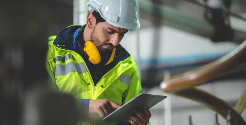 Construction worker using tablet.