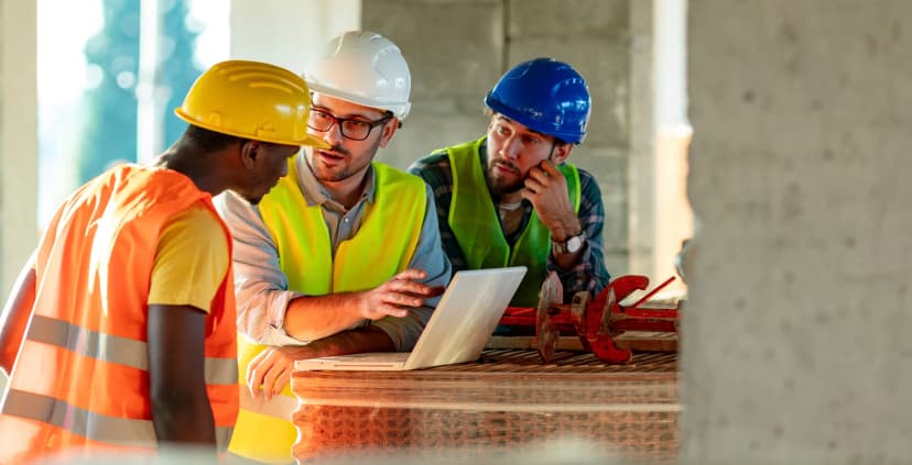 Construction workers using laptop.