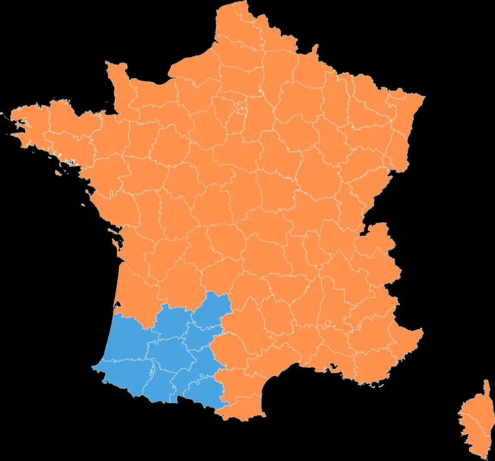 Carte de France des départements, colorée selon la vague d'extinction de la 2G qui les concerne.