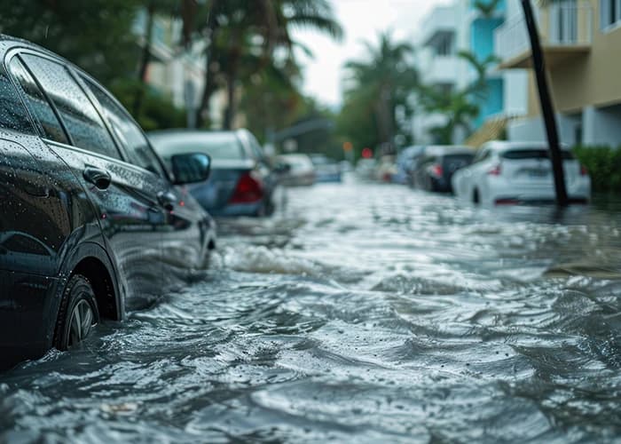 Flooded town street with moving cars submerged under water in Florida residential area