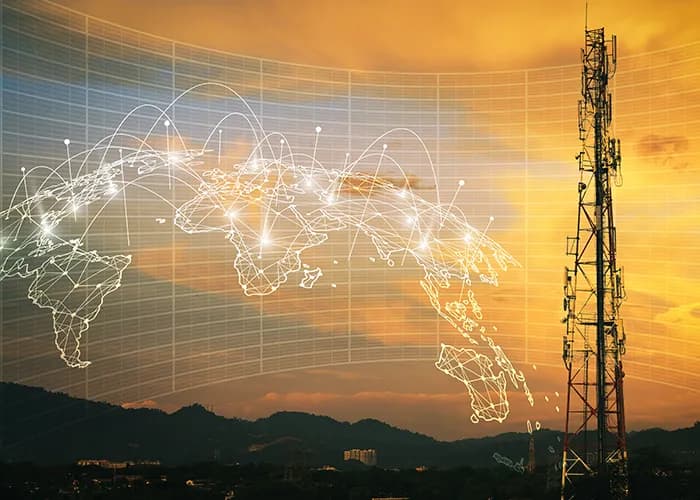Abstract connected map in front of communications tower.