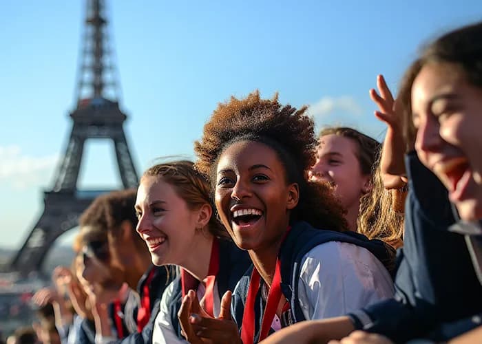 Crowd of excited people with Eiffel Tower in background.