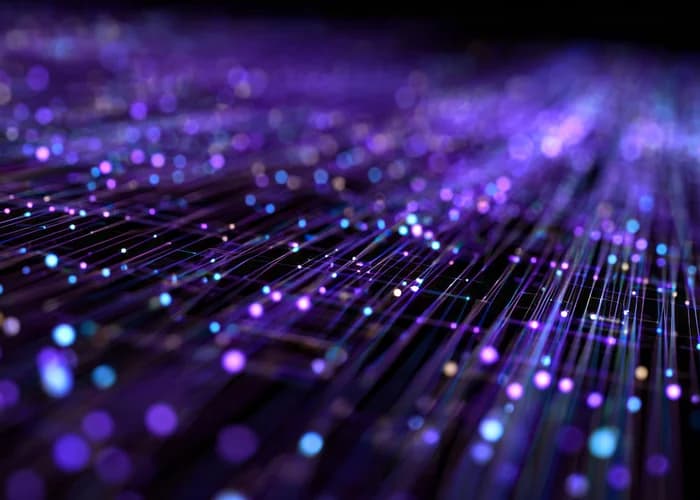 Abstract purple fiber optic network connections with glowing nodes